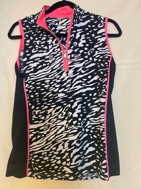 Tail Sleeveless Zebra Print black and white Athletic Top with Neon Pink Trim